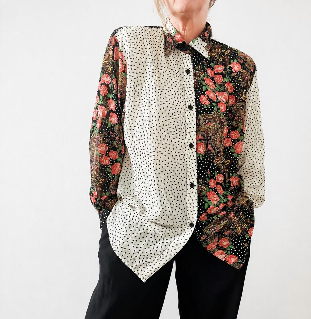 Vintage 80s Marlis Mixed Print Blouse Womens Polka Dot Floral Paisley Statement